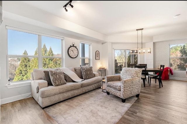 living room with rail lighting, a notable chandelier, wood finished floors, and baseboards