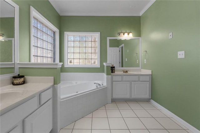 bathroom with tiled bath, tile patterned flooring, crown molding, and vanity