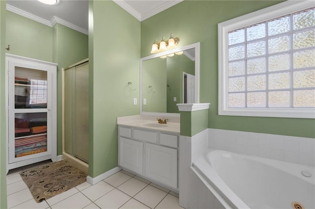 bathroom with tile patterned flooring, shower with separate bathtub, ornamental molding, and vanity