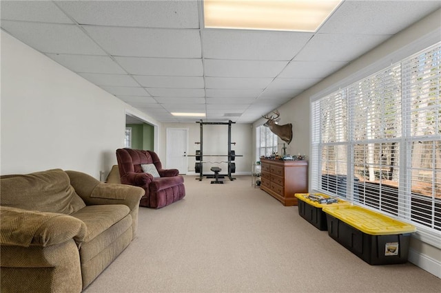 sitting room featuring a paneled ceiling and carpet