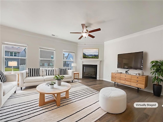 36 Crescent, Dallas, GA 30157 - living room featuring wood finished floors, ornamental molding, ceiling fan, and a glass covered fireplace
