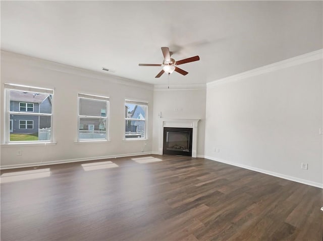 36 Crescent, Dallas, GA 30157 - unfurnished living room featuring crown molding, dark wood-style flooring, a ceiling fan, and a fireplace