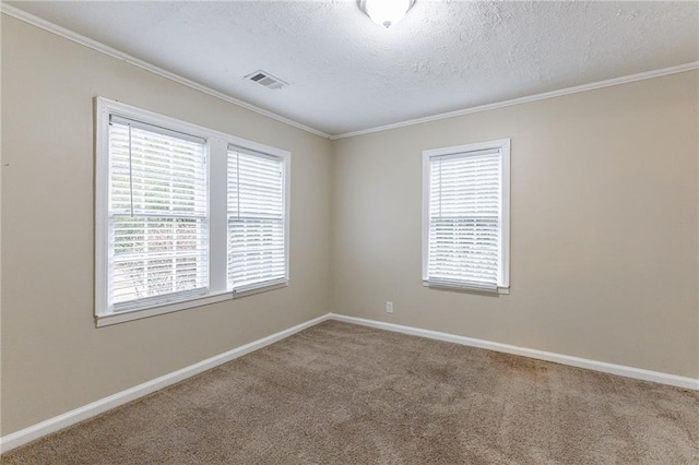 carpeted empty room featuring a textured ceiling, crown molding, and plenty of natural light