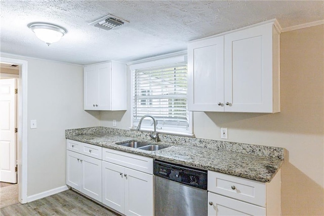 kitchen featuring white cabinets, light hardwood / wood-style floors, stainless steel dishwasher, and sink