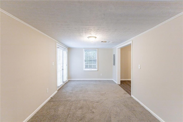 carpeted spare room featuring a textured ceiling and ornamental molding