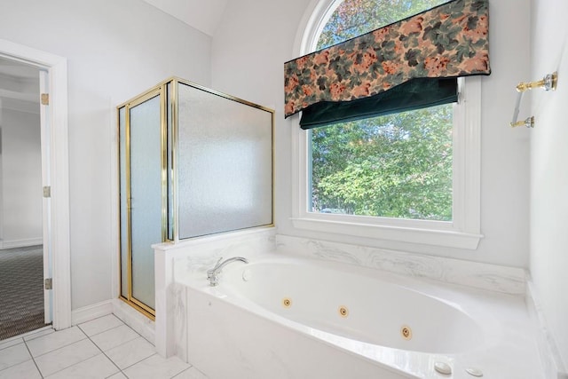 bathroom with plus walk in shower and tile patterned floors