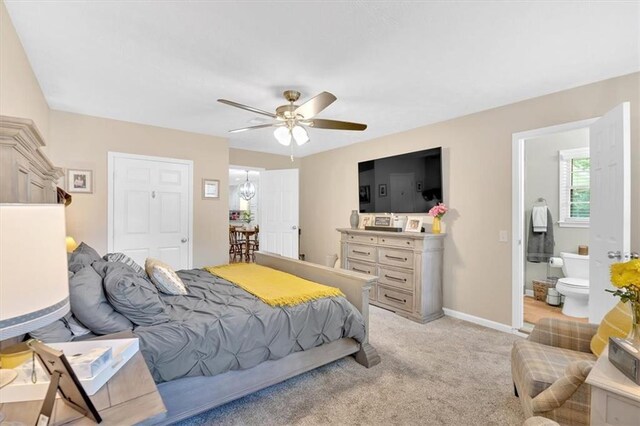 10 Shadow Ln, Cartersville, GA 30120 - bedroom with light colored carpet, baseboards, ceiling fan, and ensuite bathroom