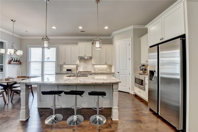 kitchen with under cabinet range hood, stainless steel appliances, a sink, and dark wood-style flooring
