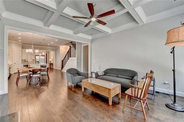 living room with recessed lighting, coffered ceiling, stairway, and beamed ceiling