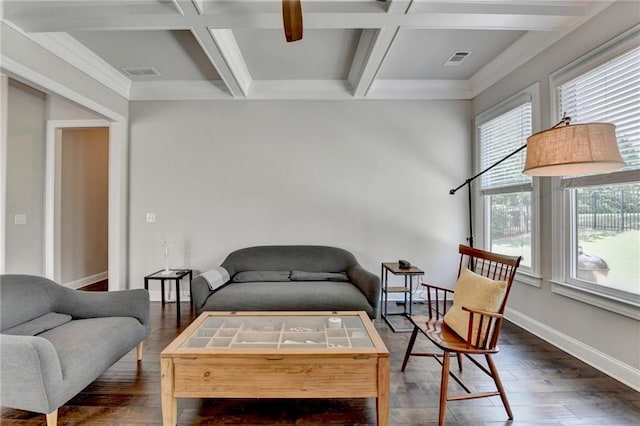 living area with beamed ceiling, visible vents, dark wood-style floors, and coffered ceiling