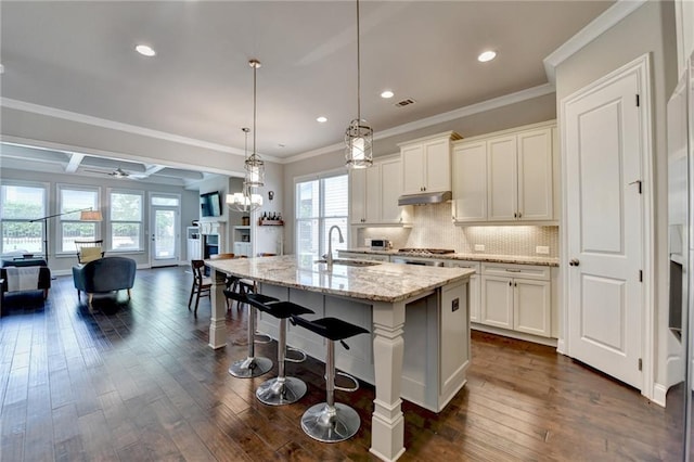kitchen featuring under cabinet range hood, open floor plan, plenty of natural light, and a sink