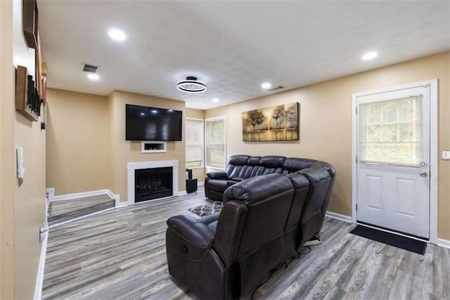 4424 English Loop, Stonecrest, GA 30038 - living area featuring healthy amount of natural light, wood finished floors, baseboards, a fireplace, and recessed lighting