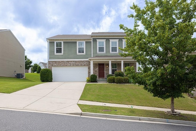 1530 Avalon Creek Rd, Sugar Hill, GA 30518 - view of front facade with an attached garage, concrete driveway, a front lawn, and cooling unit