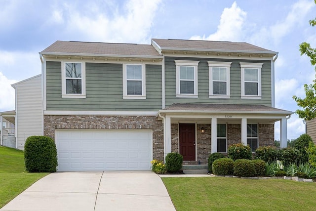 1530 Avalon Creek Rd, Sugar Hill, GA 30518 - view of front facade featuring concrete driveway, a front yard, an attached garage, covered porch, and brick siding