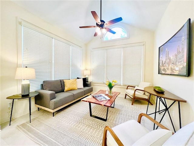 living room with vaulted ceiling and ceiling fan