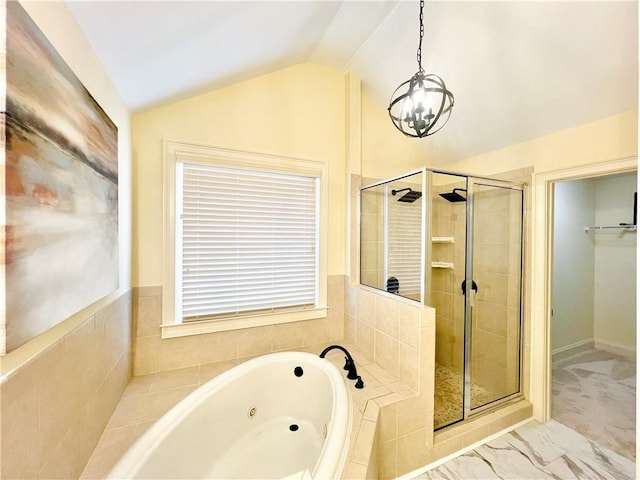 bathroom featuring plus walk in shower, vaulted ceiling, and a notable chandelier