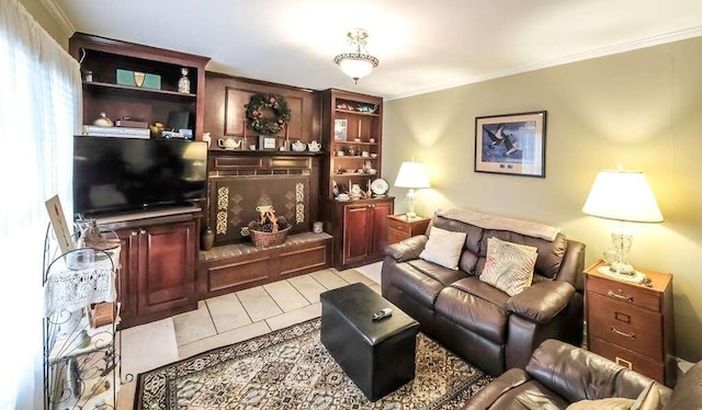 living room with crown molding and light tile patterned floors