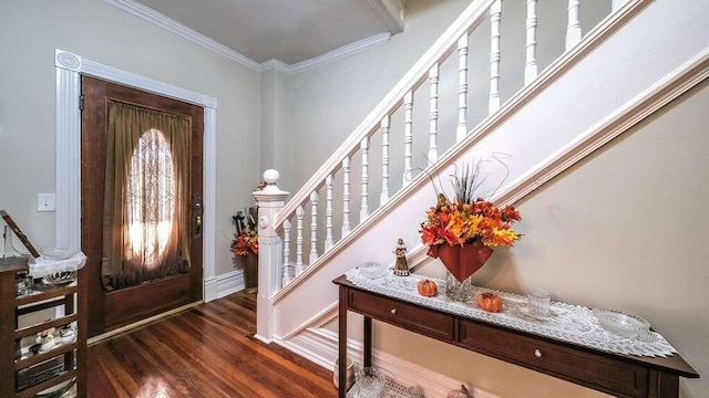 foyer with crown molding and dark hardwood / wood-style flooring