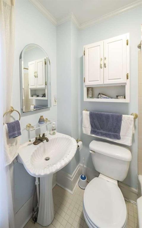 bathroom featuring crown molding, sink, a bath, and toilet