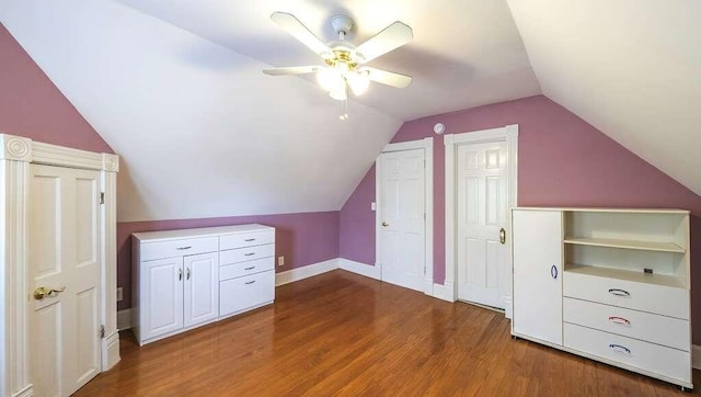 bonus room with ceiling fan, lofted ceiling, and hardwood / wood-style flooring