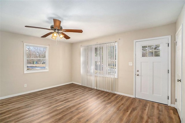 foyer featuring hardwood / wood-style flooring, ceiling fan, and a healthy amount of sunlight