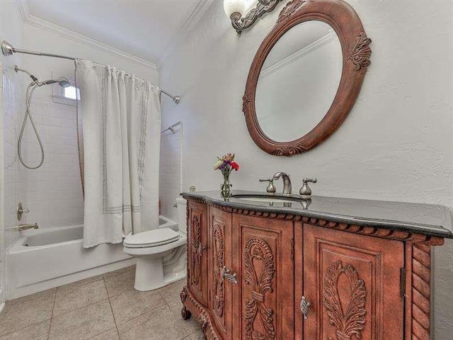 full bath with toilet, shower / bath combination with curtain, crown molding, tile patterned flooring, and vanity