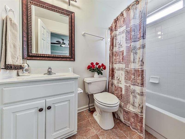 bathroom with baseboards, shower / bath combo with shower curtain, toilet, tile patterned floors, and vanity