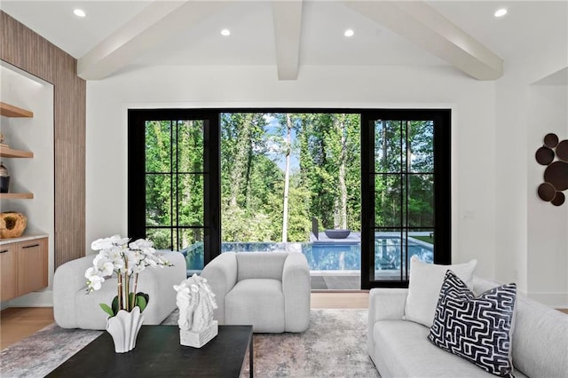 4785 Merlendale Ct, Atlanta, GA 30327 - living room featuring beam ceiling, healthy amount of natural light, recessed lighting, and wood finished floors