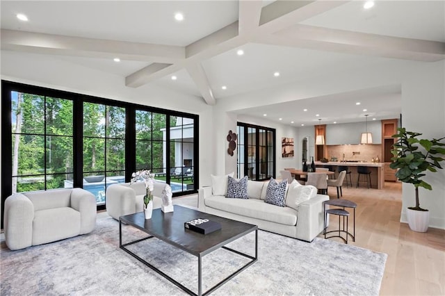 4785 Merlendale Ct, Atlanta, GA 30327 - living area featuring recessed lighting, light wood-style floors, and beamed ceiling