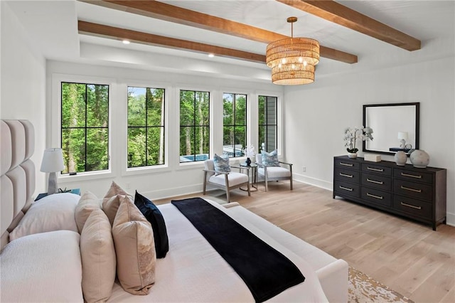 4785 Merlendale Ct, Atlanta, GA 30327 - bedroom featuring multiple windows, beamed ceiling, light wood-type flooring, and baseboards