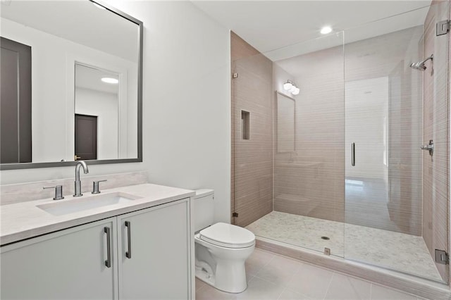 4785 Merlendale Ct, Atlanta, GA 30327 - full bathroom featuring toilet, a shower stall, tile patterned flooring, vanity, and recessed lighting