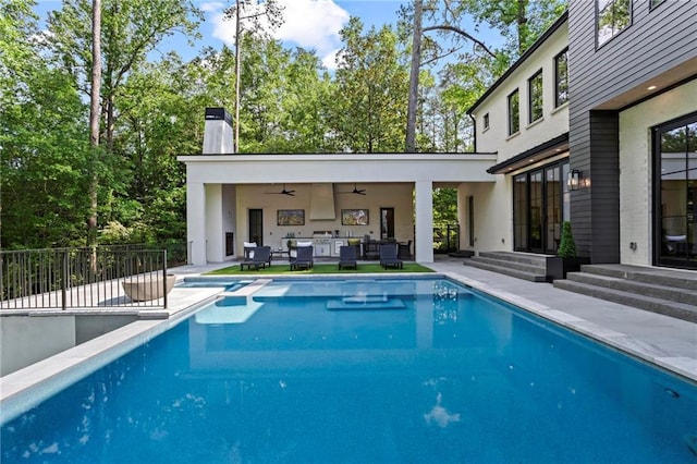 4785 Merlendale Ct, Atlanta, GA 30327 - view of swimming pool featuring outdoor lounge area, a ceiling fan, a patio area, and fence