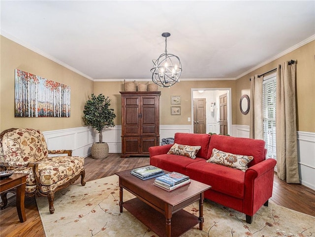 living room featuring light hardwood / wood-style floors and ornamental molding