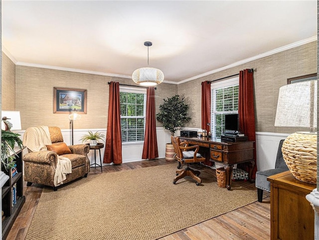 office area with hardwood / wood-style flooring and ornamental molding