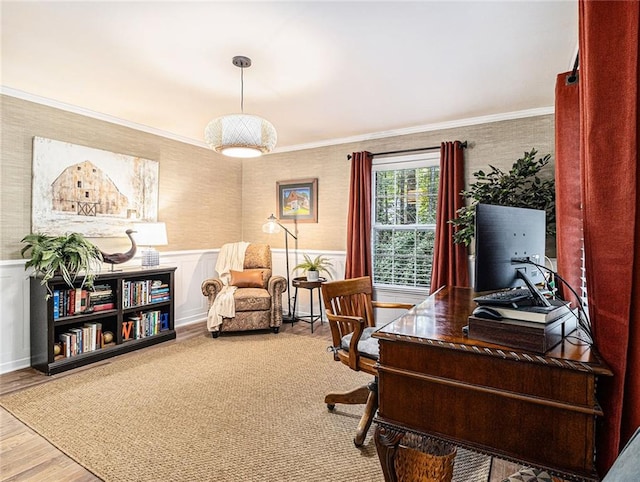 office space featuring wood-type flooring and ornamental molding