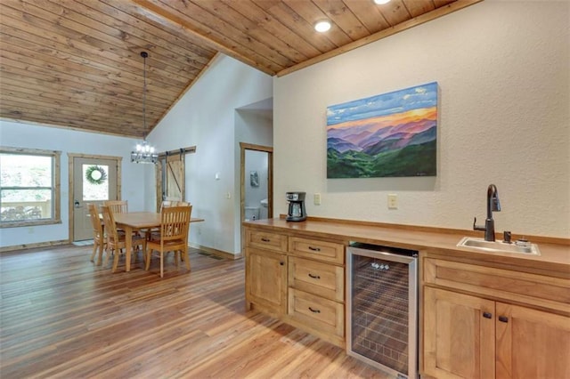 kitchen with butcher block countertops, wood ceiling, beverage cooler, and a sink