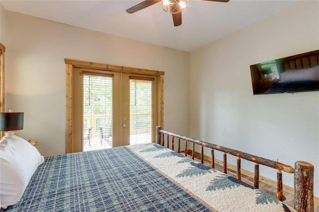 bedroom with access to outside, a ceiling fan, and french doors