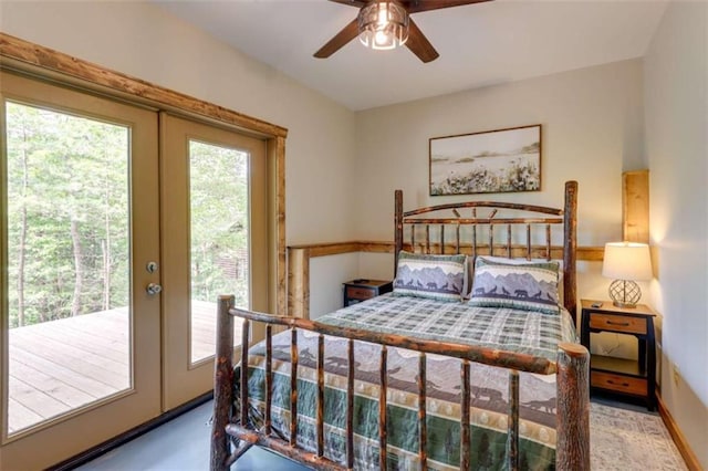 bedroom featuring french doors, a ceiling fan, and access to exterior