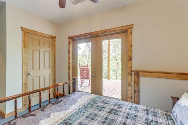 bedroom with ceiling fan, access to outside, french doors, and visible vents