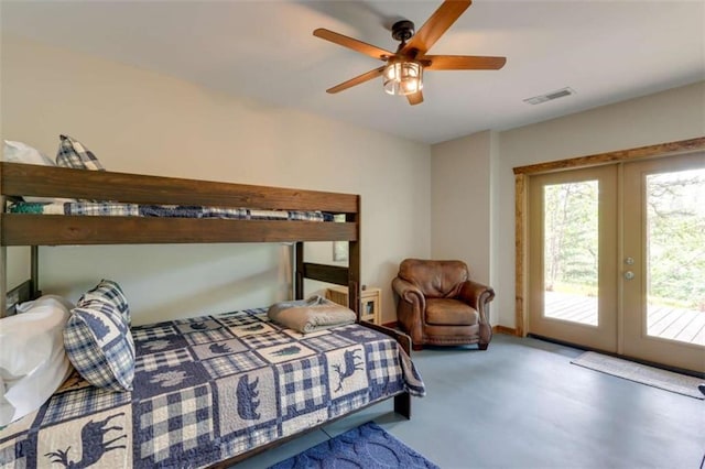 bedroom featuring access to outside, visible vents, a ceiling fan, and french doors