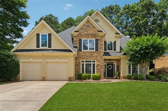 1125 Fairview Club Cir, Dacula, GA 30019 - craftsman inspired home with stone siding, a standing seam roof, a front lawn, concrete driveway, and a shingled roof