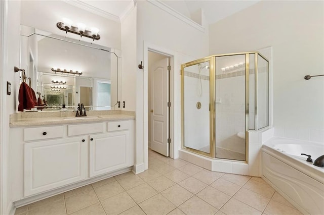 1125 Fairview Club Cir, Dacula, GA 30019 - full bathroom featuring a stall shower, a bath, vanity, tile patterned flooring, and ornamental molding