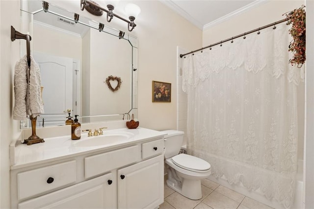 1125 Fairview Club Cir, Dacula, GA 30019 - bathroom featuring ornamental molding, tile patterned floors, vanity, and shower / bath combo with shower curtain