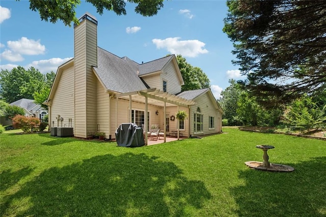 1125 Fairview Club Cir, Dacula, GA 30019 - rear view of house with a pergola, a patio, a yard, a shingled roof, and a chimney