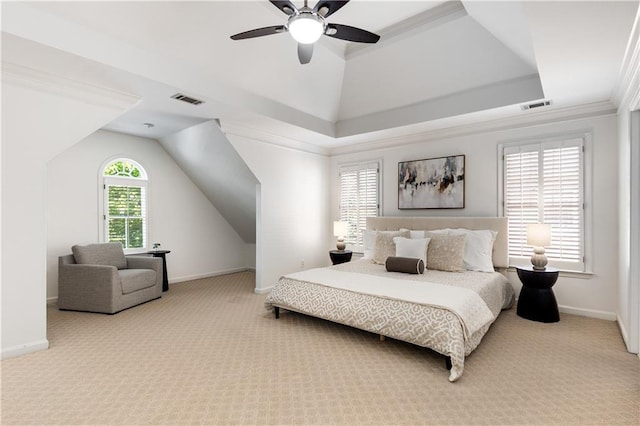 4679 Glenshire Pl, Dunwoody, GA 30338 - bedroom featuring carpet floors, baseboards, a tray ceiling, ornamental molding, and lofted ceiling