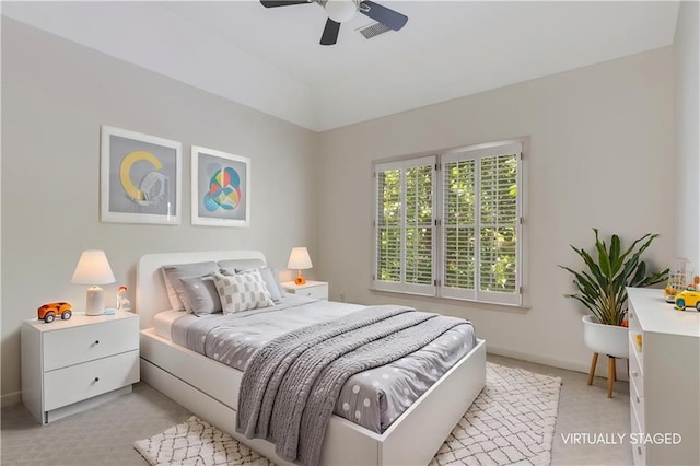4679 Glenshire Pl, Dunwoody, GA 30338 - bedroom with light colored carpet, baseboards, lofted ceiling, and ceiling fan