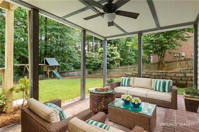 4679 Glenshire Pl, Dunwoody, GA 30338 - sunroom / solarium with an outdoor living space and a ceiling fan