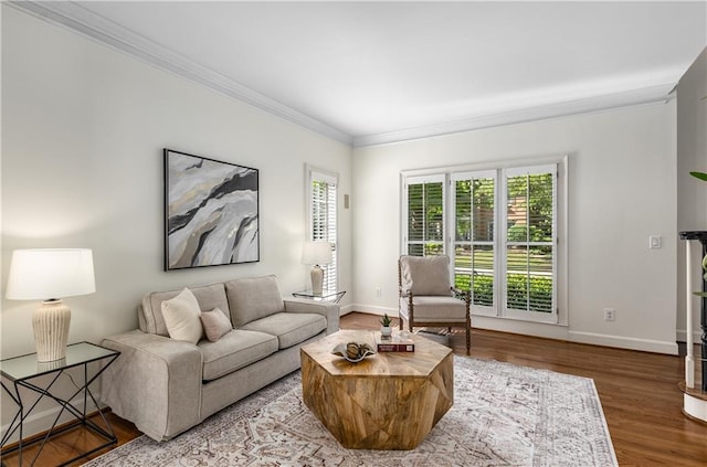 4679 Glenshire Pl, Dunwoody, GA 30338 - living room with ornamental molding, wood finished floors, and baseboards