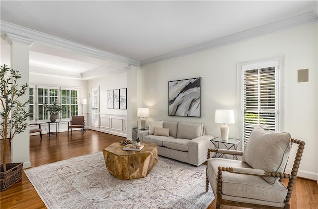 4679 Glenshire Pl, Dunwoody, GA 30338 - living area with wood finished floors and ornamental molding