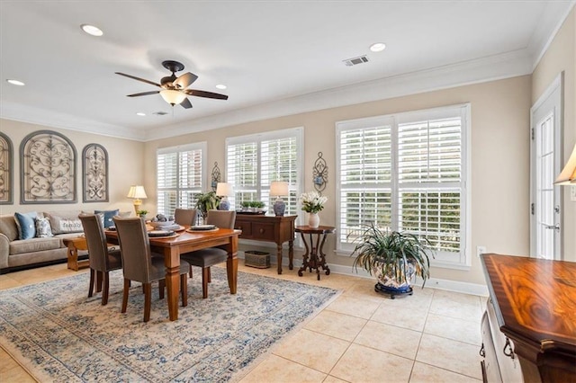218 Begonia Ct, Griffin, GA 30223 - dining area with crown molding, a ceiling fan, light tile patterned flooring, and recessed lighting